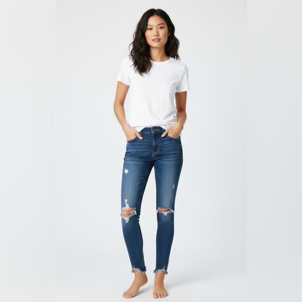 Free People Womens 28 Denim Jeans Blue Skinny Distressed Fray Mid Rise Stretch